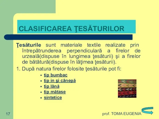 prof. TOMA EUGENIA CLASIFICAREA ŢESĂTURILOR Ţesăturile sunt materiale textile realizate prin