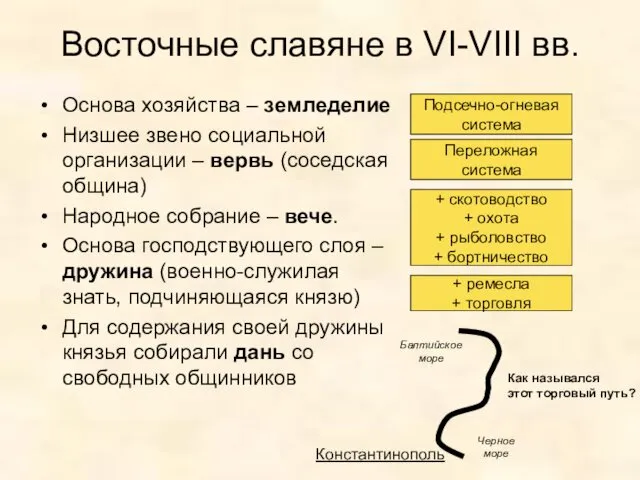 Восточные славяне в VI-VIII вв. Основа хозяйства – земледелие Низшее звено