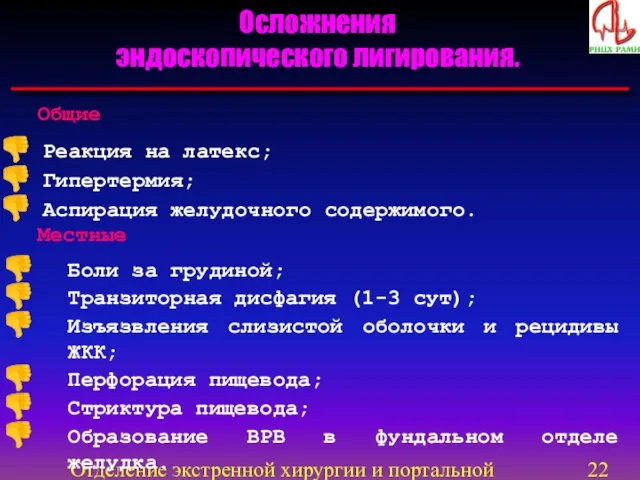 Отделение экстренной хирургии и портальной гипертензии Осложнения эндоскопического лигирования. Реакция на