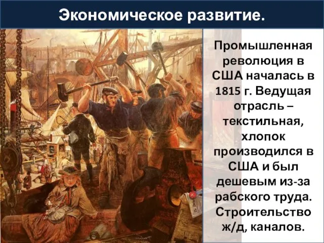 Экономическое развитие. Промышленная революция в США началась в 1815 г. Ведущая