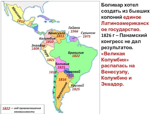 Боливар хотел создать из бывших колоний единое Латиноамериканское государство. 1826 г