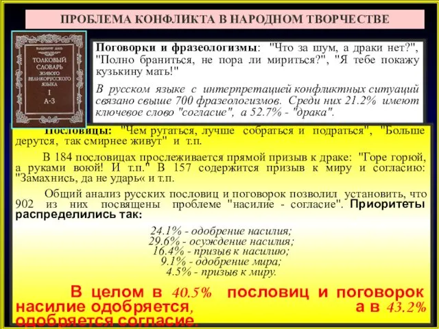 ПРОБЛЕМА КОНФЛИКТА В НАРОДНОМ ТВОРЧЕСТВЕ Поговорки и фразеологизмы: "Что за шум,