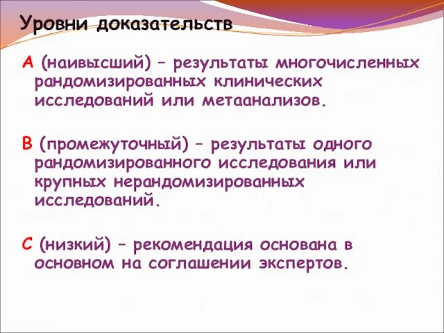 А (наивысший) – результаты многочисленных рандомизированных клинических исследований или метаанализов. В