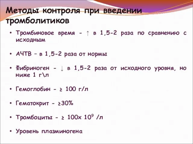 Методы контроля при введении тромболитиков Тромбиновое время - ↑ в 1,5-2