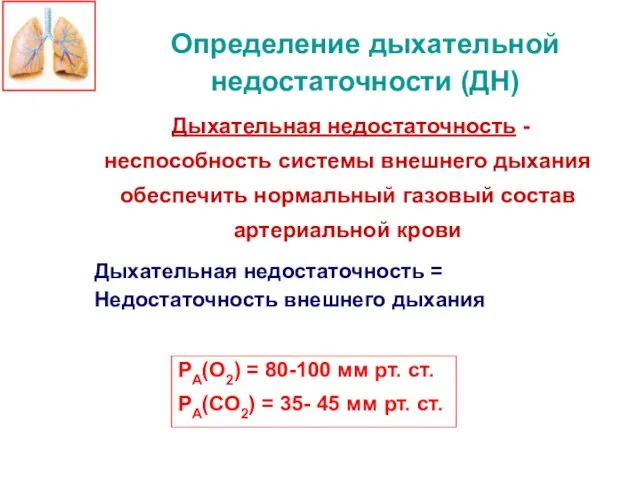 Определение дыхательной недостаточности (ДН) Дыхательная недостаточность = Недостаточность внешнего дыхания Дыхательная