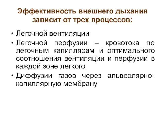 Эффективность внешнего дыхания зависит от трех процессов: Легочной вентиляции Легочной перфузии