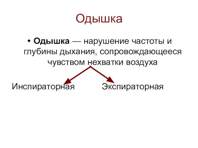 Одышка Одышка — нарушение частоты и глубины дыхания, сопровождающееся чувством нехватки воздуха Инспираторная Экспираторная