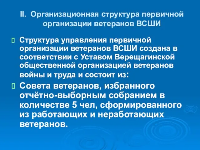 II. Организационная структура первичной организации ветеранов ВСШИ Структура управления первичной организации