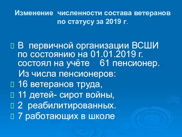 Изменение численности состава ветеранов по статусу за 2019 г. В первичной