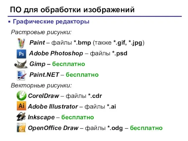 ПО для обработки изображений Графические редакторы Растровые рисунки: Paint – файлы