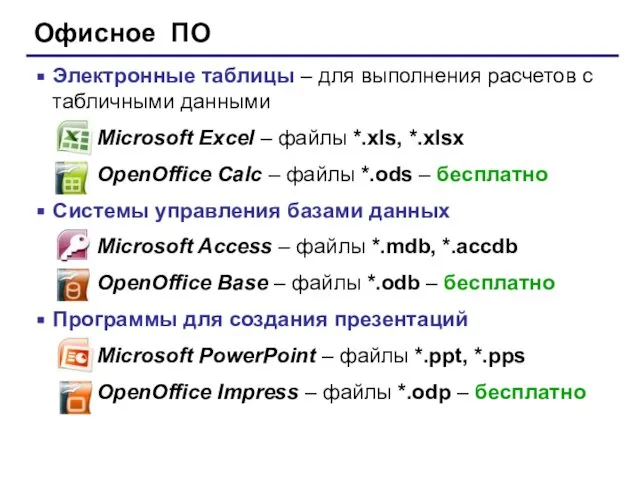 Офисное ПО Электронные таблицы – для выполнения расчетов с табличными данными