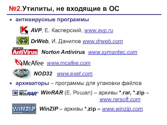 №2.Утилиты, не входящие в ОС антивирусные программы AVP, Е. Касперский, www.avp.ru