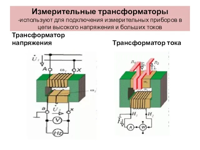 Измерительные трансформаторы -используют для подключения измерительных приборов в цепи высокого напряжения