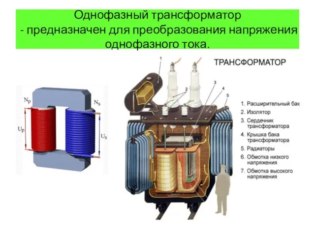 Однофазный трансформатор - предназначен для преобразования напряжения однофазного тока.