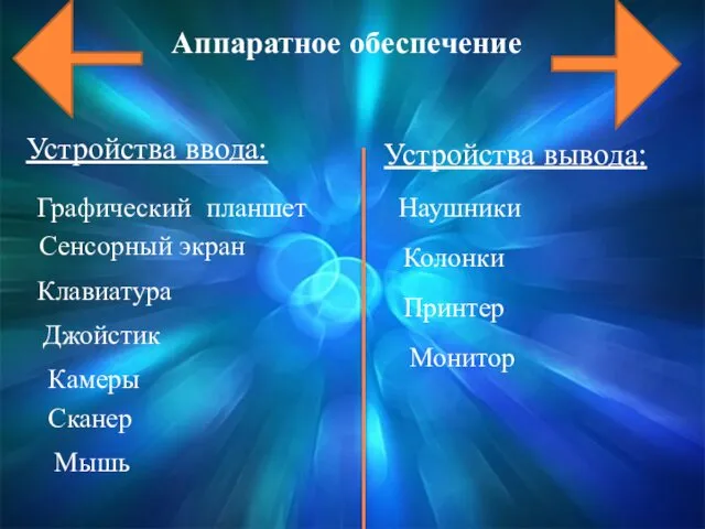 Аппаратное обеспечение Устройства ввода: Устройства вывода: Клавиатура Мышь Джойстик Графический планшет