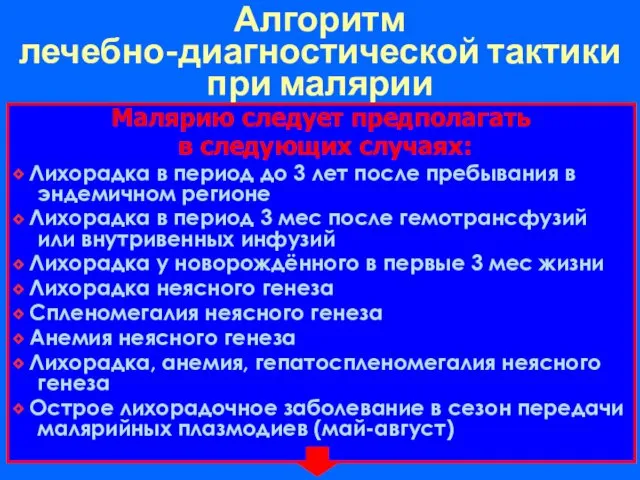 Алгоритм лечебно-диагностической тактики при малярии Малярию следует предполагать в следующих случаях: