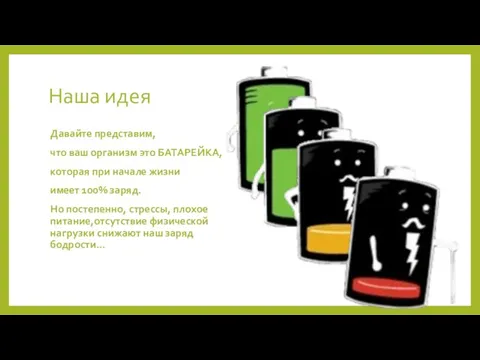 Наша идея Давайте представим, что ваш организм это БАТАРЕЙКА, которая при