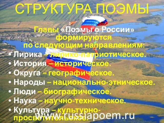 СТРУКТУРА ПОЭМЫ Главы «Поэмы о России» формируются по следующим направлениям: Лирика