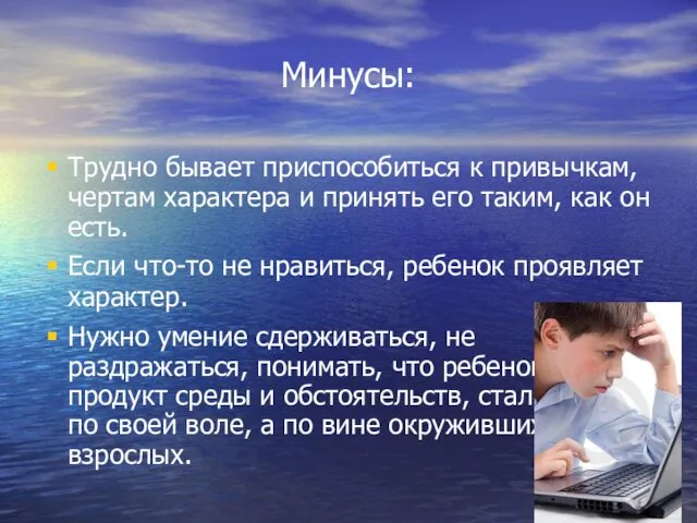 Минусы: Трудно бывает приспособиться к привычкам, чертам характера и принять его