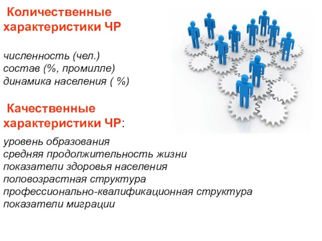 Количественные характеристики ЧР численность (чел.) состав (%, промилле) динамика населения (