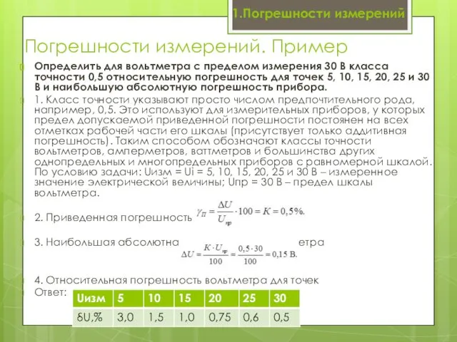 Погрешности измерений. Пример Определить для вольтметра с пределом измерения 30 В