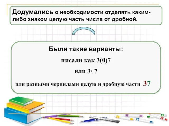 Додумались о необходимости отделять каким-либо знаком целую часть числа от дробной.