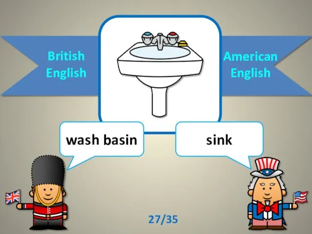 British English American English wash basin sink 27/35