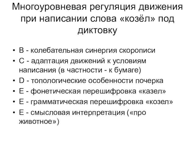 Многоуровневая регуляция движения при написании слова «козёл» под диктовку В -