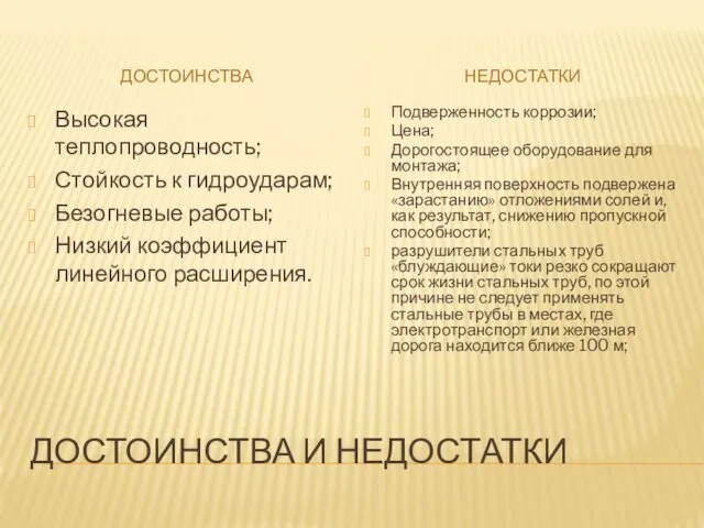 ДОСТОИНСТВА И НЕДОСТАТКИ ДОСТОИНСТВА НЕДОСТАТКИ Высокая теплопроводность; Стойкость к гидроударам; Безогневые