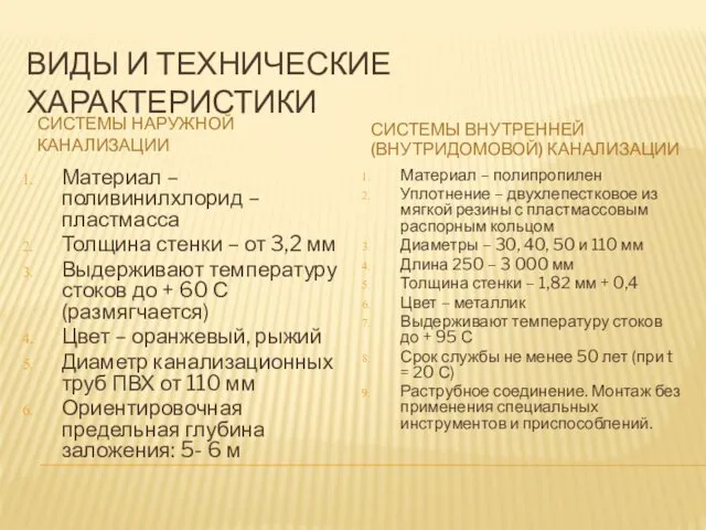 ВИДЫ И ТЕХНИЧЕСКИЕ ХАРАКТЕРИСТИКИ СИСТЕМЫ НАРУЖНОЙ КАНАЛИЗАЦИИ СИСТЕМЫ ВНУТРЕННЕЙ (ВНУТРИДОМОВОЙ) КАНАЛИЗАЦИИ