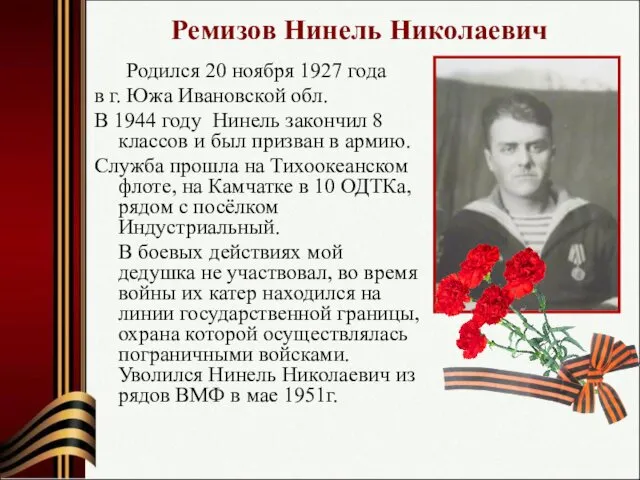 Ремизов Нинель Николаевич Родился 20 ноября 1927 года в г. Южа