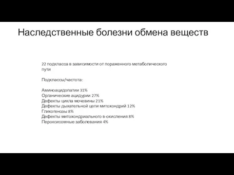 Наследственные болезни обмена веществ 22 подкласса в зависимости от пораженного метаболического