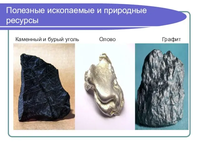 Полезные ископаемые и природные ресурсы Каменный и бурый уголь Олово Графит