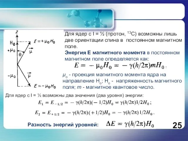 Для ядер с I = ½ (протон, 13С) возможны лишь две