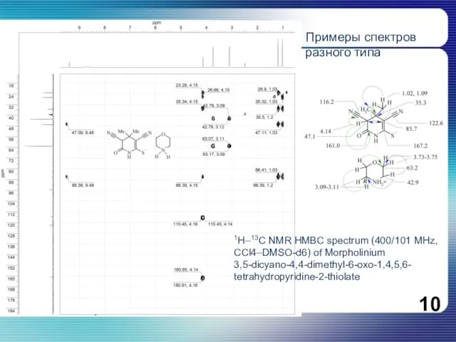 1H–13C NMR HMBC spectrum (400/101 MHz, CCl4–DMSO-d6) of Morpholinium 3,5-dicyano-4,4-dimethyl-6-oxo-1,4,5,6- tetrahydropyridine-2-thiolate Примеры спектров разного типа