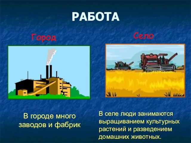 РАБОТА В городе много заводов и фабрик В селе люди занимаются