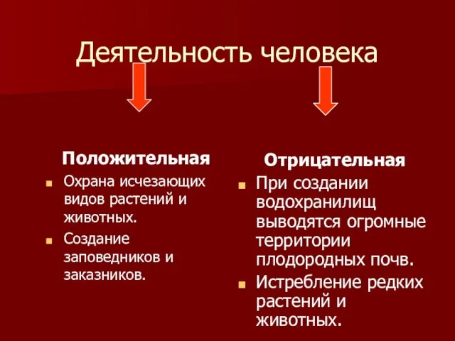 Деятельность человека Положительная Охрана исчезающих видов растений и животных. Создание заповедников