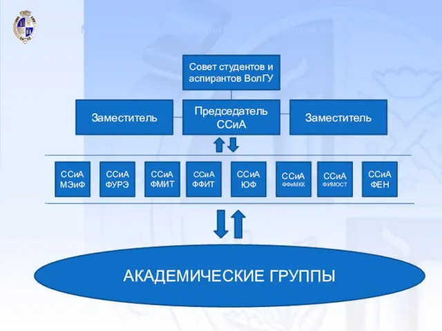 Совет студентов и аспирантов ВолГУ Председатель ССиА Заместитель Заместитель АКАДЕМИЧЕСКИЕ ГРУППЫ