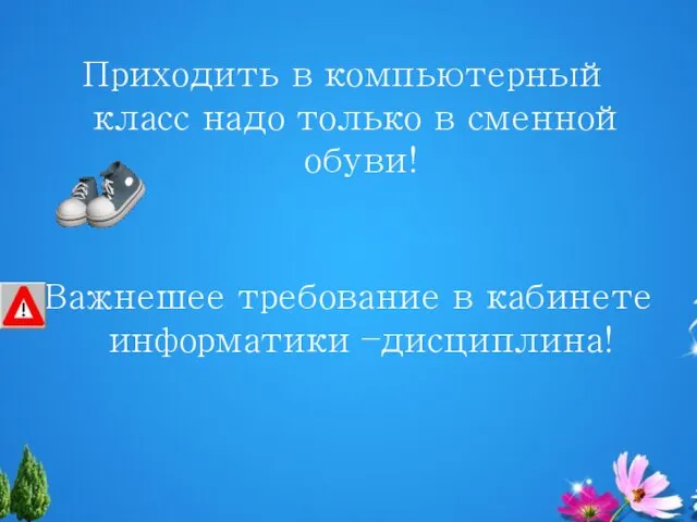 Приходить в компьютерный класс надо только в сменной обуви! Важнешее требование в кабинете информатики –дисциплина!