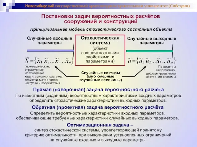 Постановки задач вероятностных расчётов сооружений и конструкций Принципиальная модель стохастического состояния