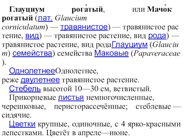 Глауциум рога́тый, или Мачо́к рогатый (лат. Glaucium corniculatum) — травянистое) —