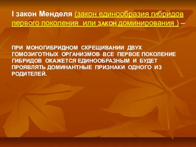 I закон Менделя (закон единообразия гибридов первого поколения или ЗАКОН доминирования