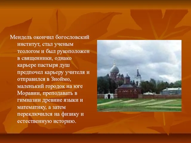 Мендель окончил богословский институт, стал ученым теологом и был рукоположен в