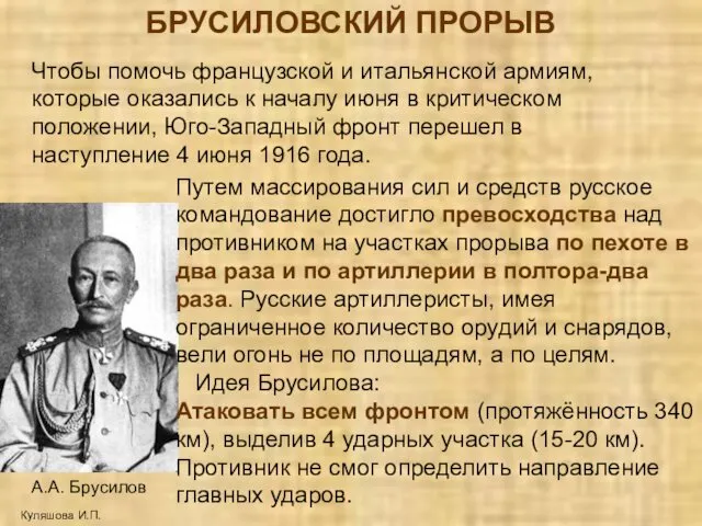 БРУСИЛОВСКИЙ ПРОРЫВ Куляшова И.П. А.А. Брусилов Путем массирования сил и средств