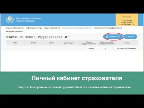 Личный кабинет страхователя Раздел «Электронные листки нетрудоспособности» личного кабинета страхователя.