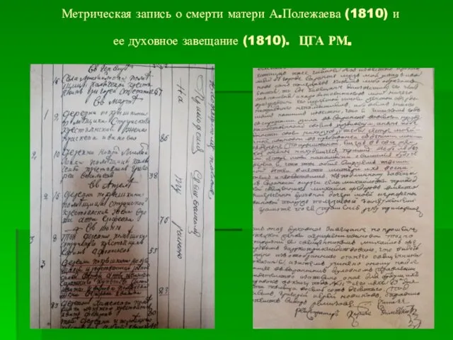 Метрическая запись о смерти матери А.Полежаева (1810) и ее духовное завещание (1810). ЦГА РМ.