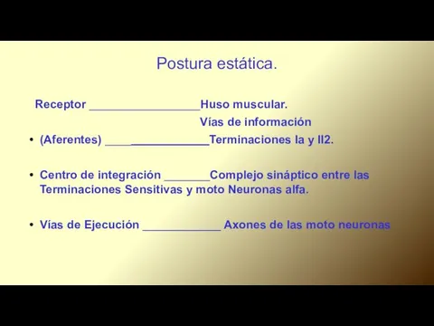 Postura estática. Receptor _________________Huso muscular. Vías de información (Aferentes) ____ Terminaciones