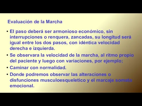 Evaluación de la Marcha. El paso deberá ser armonioso económico, sin