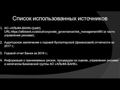 Список использованных источников АО «АЛЬФА-БАНК»:[сайт]. URL:https://alfabank.ru/about/corporate_governance/risk_management/#3 (в части управления рисками). Аудиторское