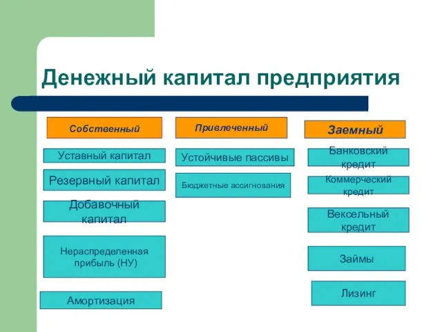 Денежный капитал предприятия Собственный Привлеченный Заемный Уставный капитал Резервный капитал Добавочный